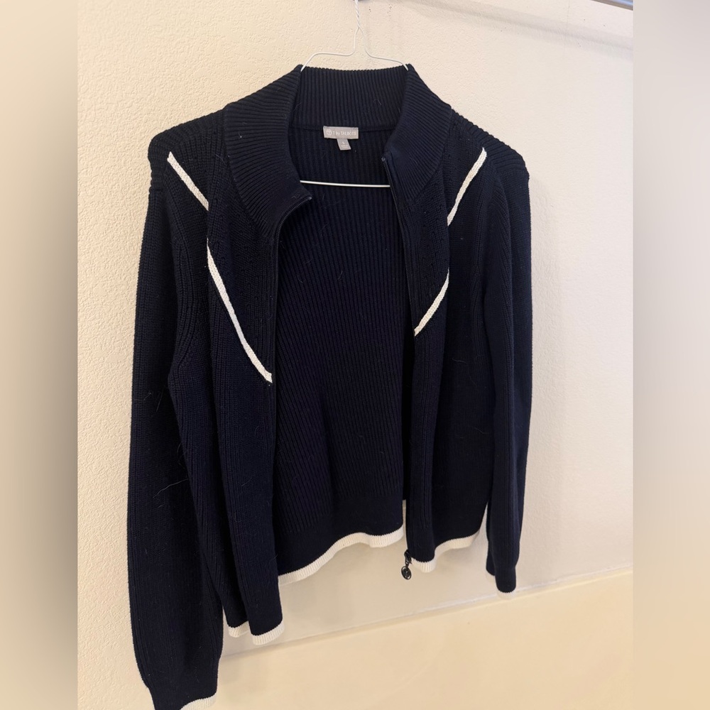 T by Talbots  Navy zip Cardigan with White Trim